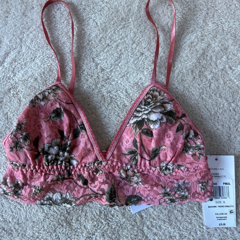 Hanky Panky Marianne Padded Bralette Pink Floral Lace Triangle Bra Small NWT